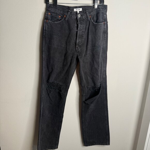 Re/Done Women's 28 Black Mid Rise Straight Leg Distressed Jeans Casual Denim - Picture 2 of 7